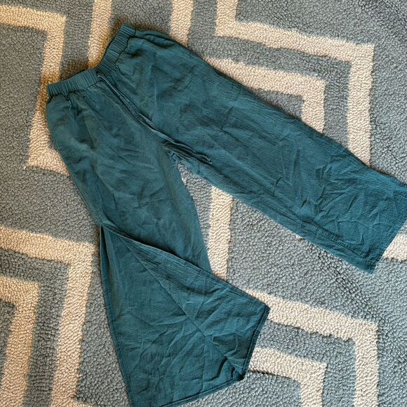 Shein Turquoise Split Leg Linen Pants Cropped Size Small Boho Hippie - Picture 3 of 7